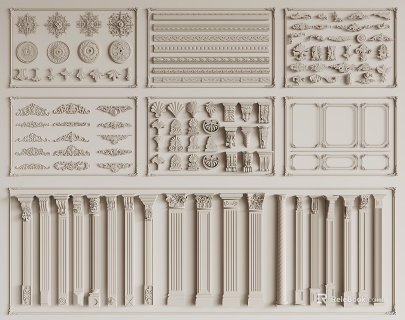 Ornamental Architectural Carvings Featuring Decorative Patterns Column Details And Moldings 3d model 