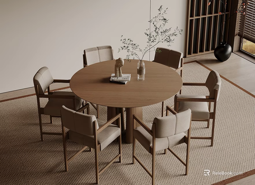 Modern Round Wooden Dining Table Set With Six Light Upholstered Chairs And Greenery Decor 3d model 