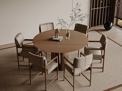 Modern Round Wooden Dining Table Set With Six Light Upholstered Chairs And Greenery Decor 3d model