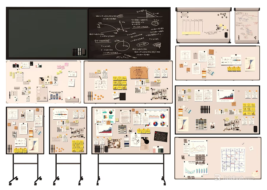Creative Design Project Display Boards Featuring Charts Notes And Sketches 3d model