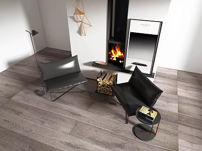 Black Leather Leisure Chair In Cozy Living Room With Fireplace Wooden Floor And Side Table 3d model