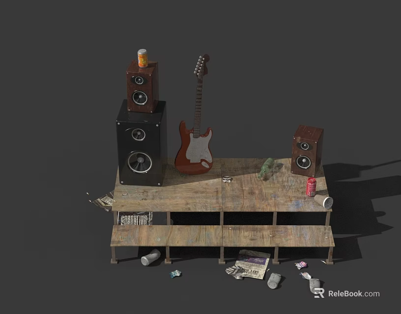 Hinged Door Interior With Wooden Shelf Black Speakers Brown Guitar And Items 3d model 