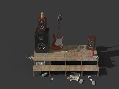 Hinged Door Interior With Wooden Shelf Black Speakers Brown Guitar And Items 3d model