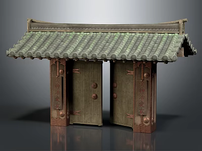 Traditional Wooden Double Door Furniture With Green Tile Roof And Brass Carvings 3d model