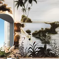 Modern Bed Background Wall With Tropical Landscape And Plants Mural 3d model
