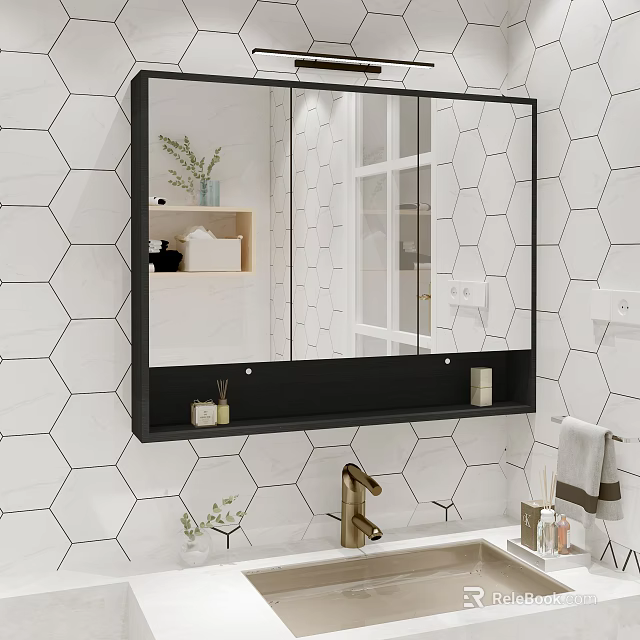 Modern Black Frame Bathroom Mirror With Hexagonal White Tiles And Gold Faucet 3d model 