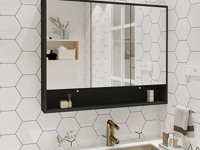 Modern Black Frame Bathroom Mirror With Hexagonal White Tiles And Gold Faucet 3d model