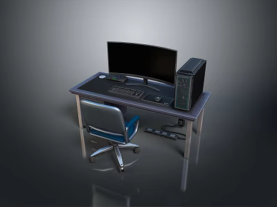 Modern Computer Desk Setup With Monitor Tower Keyboard And Chair 3d model