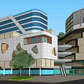 Modern Commercial Complex With Connected Buildings Retail Spaces And Greenery Plaza