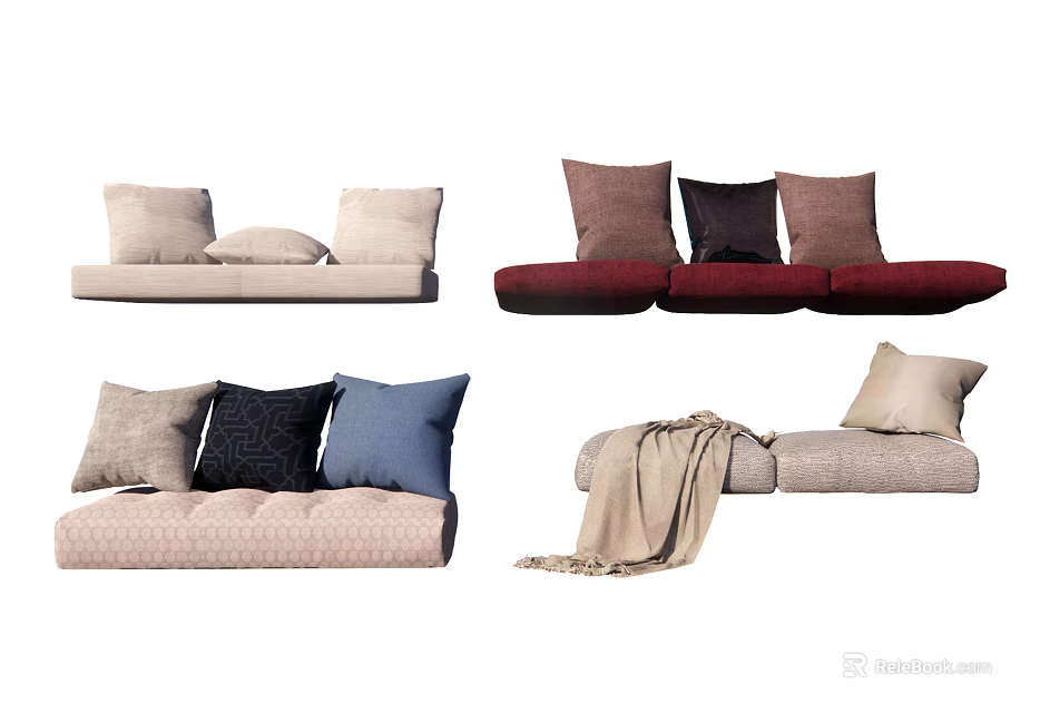 Stylish Sofa Bench With Various Colored Pillows And Cozy Blanket Design 3d model