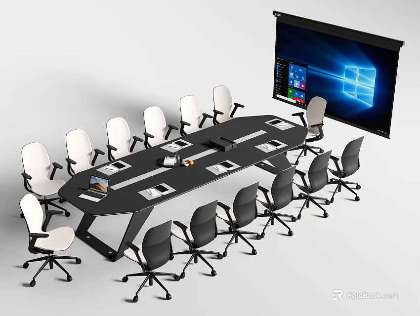 Modern Conference Table With Surrounding Chairs And Large Projector Screen 3d model