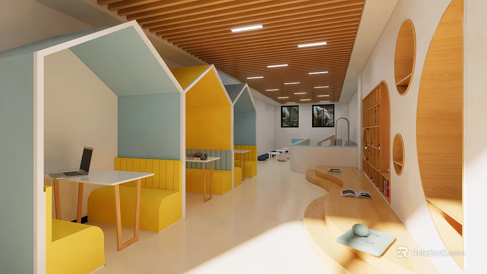 Bright and Playful Kindergarten Interior With Wooden Ceiling Hut Shaped Seats and Reading Corners 3d model 