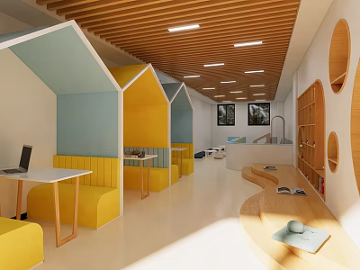 Bright and Playful Kindergarten Interior With Wooden Ceiling Hut Shaped Seats and Reading Corners 3d model