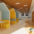 Bright and Playful Kindergarten Interior With Wooden Ceiling Hut Shaped Seats and Reading Corners