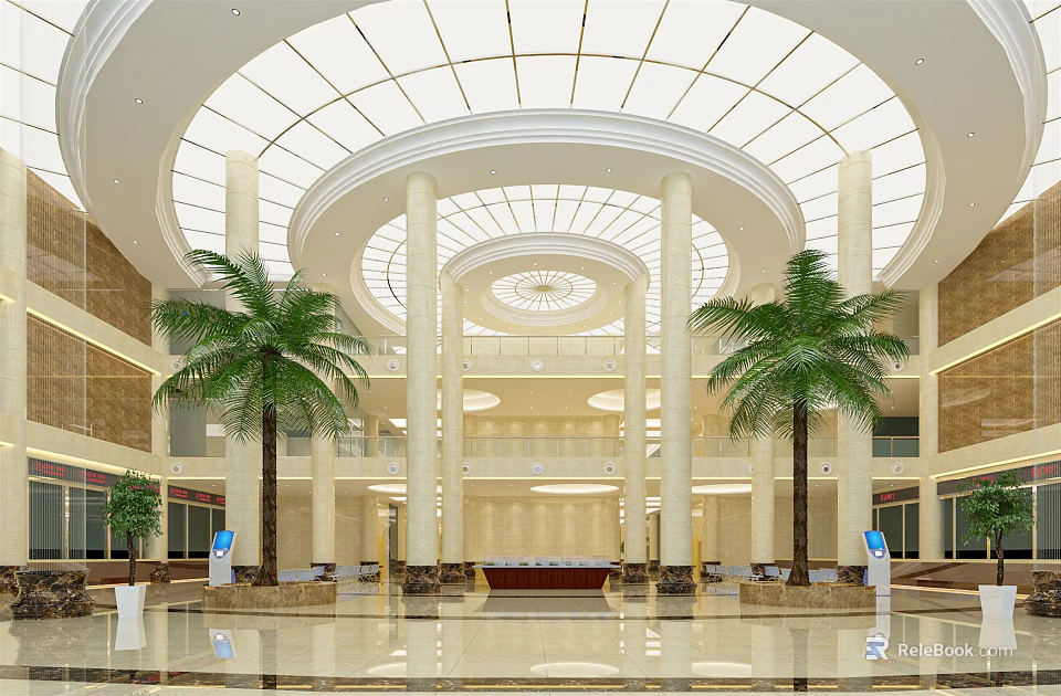 Spacious Lobby Interior With Circular Glass Dome White Columns Palm Trees And Marble Floor 3d model 