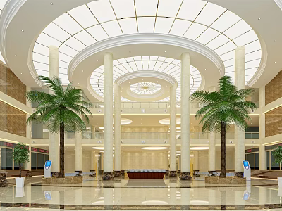 Spacious Lobby Interior With Circular Glass Dome White Columns Palm Trees And Marble Floor 3d model