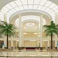 Spacious Lobby Interior With Circular Glass Dome White Columns Palm Trees And Marble Floor