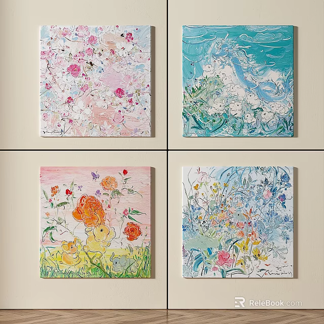 Set of Vibrant Oil Paintings with Flowers Waves and Colorful Backgrounds 3d model 