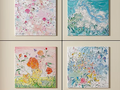 Set of Vibrant Oil Paintings with Flowers Waves and Colorful Backgrounds 3d model