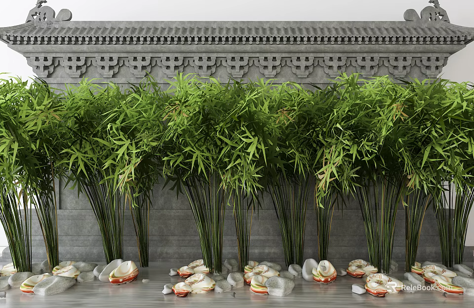 Tall Bamboo Plants Against Gray Carved Wall With White Stones And Red Ornaments 3d model 