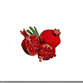 Fresh Whole And Cut Open Pomegranate With Red Arils And Green Leaves