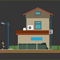 3D Model House With Red Roof Blue Garage Lawn Street Lamp Trash Bins And Figure