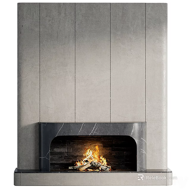 Contemporary Fireplace With Dark Marble Surround And Light Gray Paneled Wall 3d model 