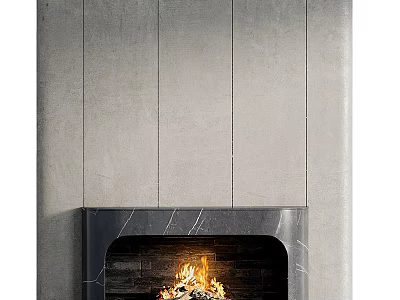 Contemporary Fireplace With Dark Marble Surround And Light Gray Paneled Wall 3d model