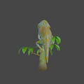 Vibrant Colorful Chameleon Game Movie Character on Branch with Green Leaves