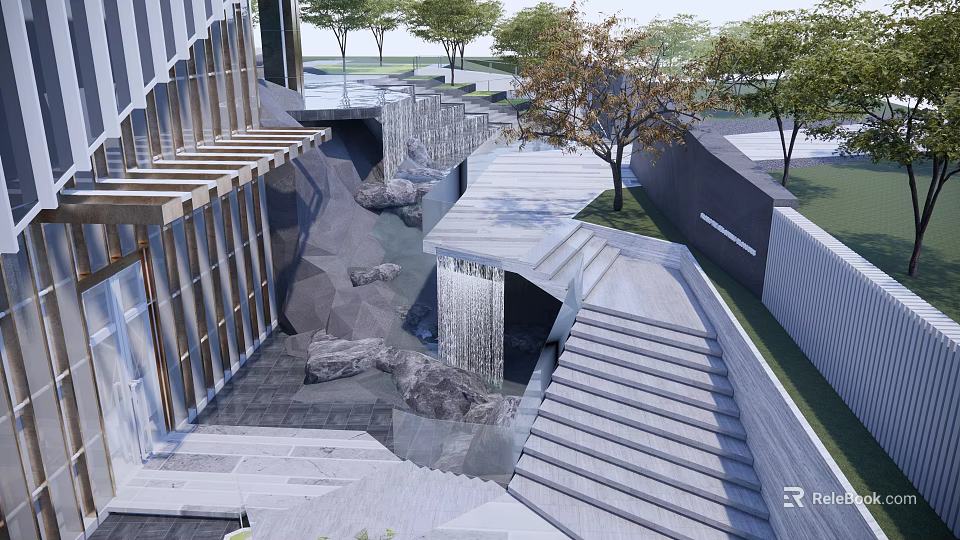 Modern Garden Landscape With Sloped Stone Steps Cascading Water Feature Stone Elements And Trees 3d model 