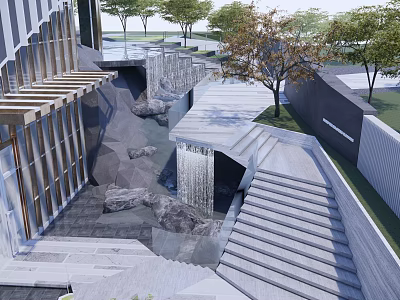 Modern Garden Landscape With Sloped Stone Steps Cascading Water Feature Stone Elements And Trees 3d model
