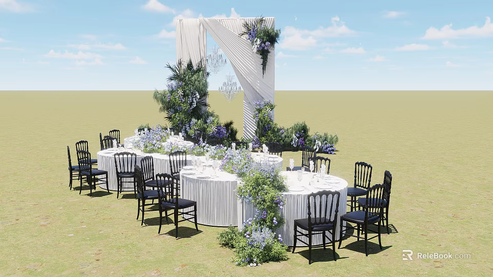 Outdoor Wedding Stage With White Drapes Purple Flowers Chandelier Grass Tables And Black Chairs 3d model 