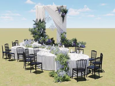 Outdoor Wedding Stage With White Drapes Purple Flowers Chandelier Grass Tables And Black Chairs 3d model
