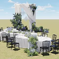 Outdoor Wedding Stage With White Drapes Purple Flowers Chandelier Grass Tables And Black Chairs