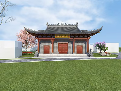 Ancient Chinese Architecture With Curved Eaves Black Tiles Red Doors Front Lawn And Trees 3d model
