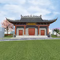 Ancient Chinese Architecture With Curved Eaves Black Tiles Red Doors Front Lawn And Trees