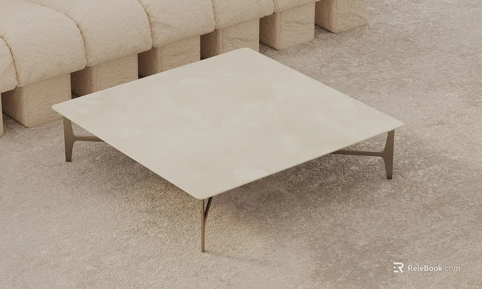 Modern Square Light Beige Coffee Table With Metal Legs In Minimalist Living Room 3d model 