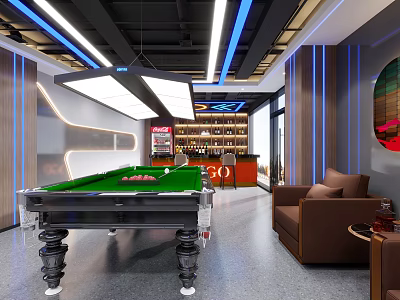 Modern Billiard Room Interior With Green Felt Table Blue Lighting Bar Counter And Comfortable Sofa 3d model