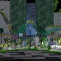 Floral Installation With Woman In White Dress Green Marble Waterfall Colorful Flowers And Curved Arch