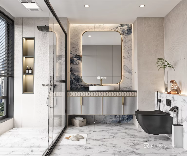 Modern Bathroom Interior Design With Marble Tiles Glass Shower Vanity Mirror And Toilet Plant 3d model 