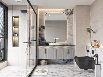 Modern Bathroom Interior Design With Marble Tiles Glass Shower Vanity Mirror And Toilet Plant 3d model