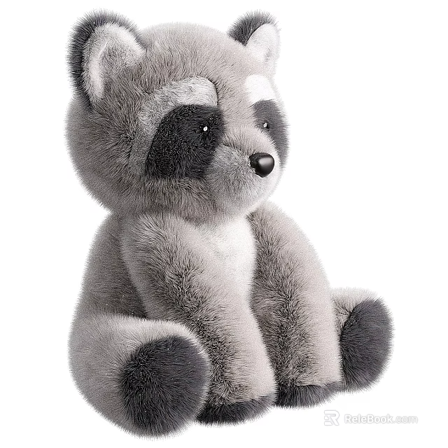 Cute Sitting Raccoon Plush Toy with Gray Black Fur and Soft Texture 3d model 