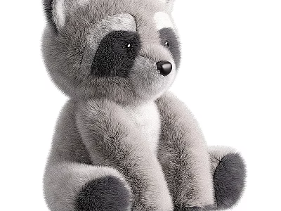 Cute Sitting Raccoon Plush Toy with Gray Black Fur and Soft Texture 3d model