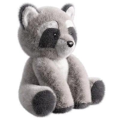 Cute Sitting Raccoon Plush Toy with Gray Black Fur and Soft Texture 3d model