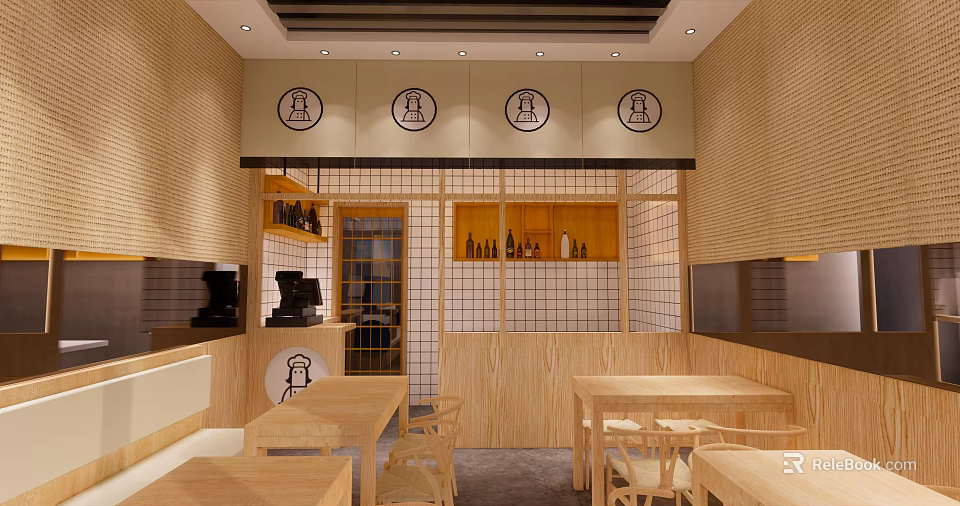 Cozy Restaurant Interior With Wooden Tables Chairs And Circular Wall Emblems 3d model 