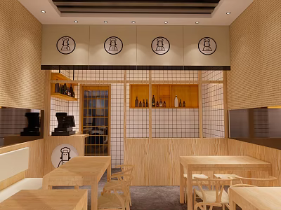 Cozy Restaurant Interior With Wooden Tables Chairs And Circular Wall Emblems 3d model