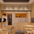 Cozy Restaurant Interior With Wooden Tables Chairs And Circular Wall Emblems
