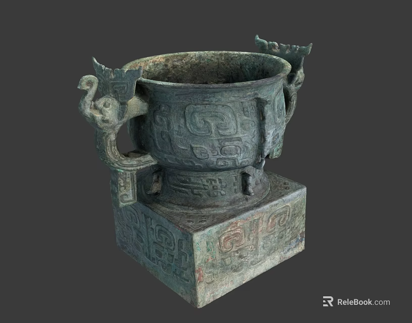Ancient Chinese Bronze Vessel With Dual Handles Square Base And Intricate Patterns 3d model 