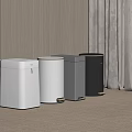 Modern Household Different Colored Trash Bins Placed Against Wooden Wall With Curtains