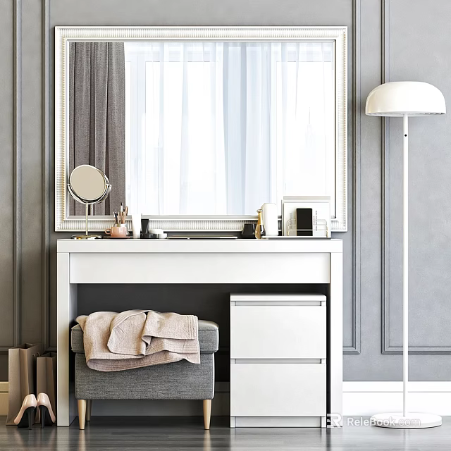 Modern Dressing Table With Decorative Mirror Drawers And Floor Lamp 3d model